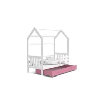 lit cabane 2  80x160 blanc - rose livré avec sommiers, tiroir et matelas en mousse de 7cm