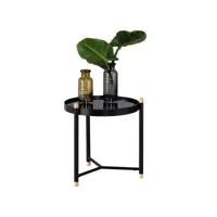 table d'appoint alicia plateau rond aux bords relevés en verre trempé noir, table à café avec 3 pieds en métal noir et pin naturel
