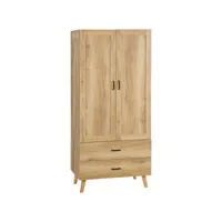 armoire de rangement design scandinave - armoire de chambre - placard 2 portes avec penderie - 2 tiroirs - aspect chêne clair