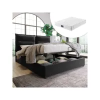 lit double 140x200cm avec rangement et tête de lit réglable + matelas ressorts noir