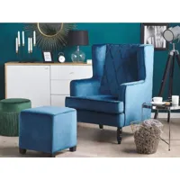 fauteuil bergère en velours bleu avec repose-pieds assorti sandset 217016
