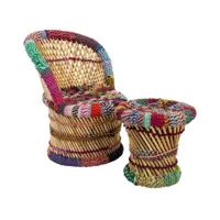 ensemble de fauteuil et tabouret enfant en bambou et corde colorée