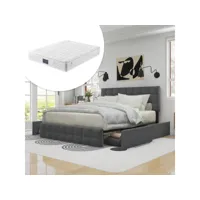 lit double 140x200cm avec 4 tiroirs de rangement et tête de lit réglable + matelas ressorts gris foncé