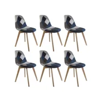 damas - lot de 6 chaises patchwork bleu et gris