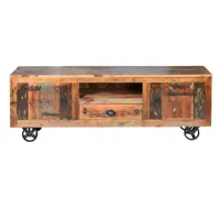 meuble tv 2 portes et 1 tiroir en bois recyclé, avec roues en fer.: 55x160x40 cm
