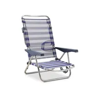 chaise de plage lit pliable solenny 4 positions bleu et blanc dossier bas avec accourdoirs