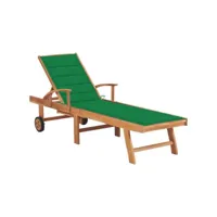transat chaise longue bain de soleil lit de jardin terrasse meuble d'extérieur avec coussin vert bois de teck solide helloshop26 02_0012540