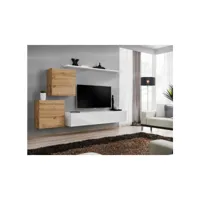 ensemble mural - switch v - 1 vitrine carrée - 1 banc tv - 1 étagère - bois et blanc - modèle 1