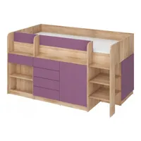 lit mezzanine 90x200cm avec échelle placard, bureau amovible, bibliothèque et  des étagéres smida p chêne sonoma/violet