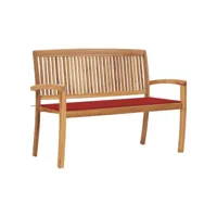 banc de jardin meuble de patio d'extérieur terrasse empilable et coussin rouge 128,5 x 57,5 x 90 cm bois de teck massif helloshop26 02_0011680