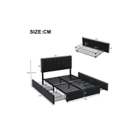 lit avec tiroirs lit pour adultes avec 4 tiroirs lit de rangement tête de lit réglable en hauteur lin noir 140x200 cm（avec matelas à ressorts）