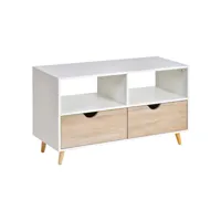 meuble tv bas sur pieds style scandinave 2 tiroirs coloris chêne clair blanc