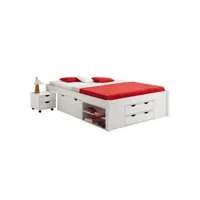 lit fonctionnel sabrina lit double pour enfant ou adulte en pin massif blanc, avec 2 tables de chevet et 4 tiroirs de rangements