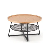 table basse ronde 80cm plateau aspect chêne naturel et étagère en rotin synthétique noir wodan 209