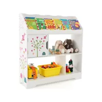 giantex étagère de rangement enfants-bibliothèque 3 compartiments-dispositif anti-basculement-étagère à livres avec motif arbre blanc