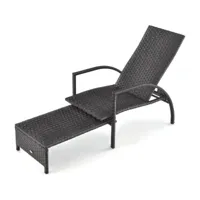 costway chaise longue de terrasse en rotin, fauteuil relax de jardin avec pouf rétractable, bain de soleil avec dossier réglable à 5 niveaux, transat en cadre métallique, charge 150 kg