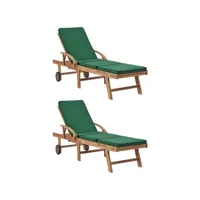 lot de 2 transats chaise longue bain de soleil lit de jardin terrasse meuble d'extérieur avec coussins bois de teck solide vert helloshop26 02_0012156