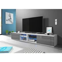 meuble banc tv - 200 cm - blanc mat / gris brillant - avec led - style design best double