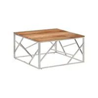 table de salon argenté acier inoxydable et bois massif d'acacia