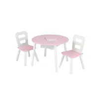 table enfant ronde avec 2 chaises blanc et rose 26165