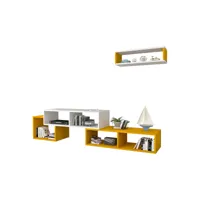 set de meuble tv et étagère murale malvik panneau de particules 170 x 30 x 42 cm blanc jaune [en.casa]