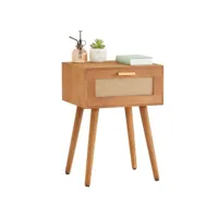 table de chevet kiran 1 tiroir, table de nuit design vintage en bois brun et lin