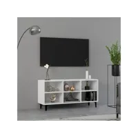 meuble tv avec pieds, banc tv, meuble télé avec etagères et rangement en métal blanc brillant 103,5x30x50 cm meuble pro lww43201