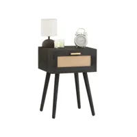 table de chevet kiran 1 tiroir, table de nuit design vintage en bois lasuré noir et lin