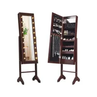costway armoire à bijoux sur pied avec 18 led, angle réglable,doublure en velours doux 35 × 31,5 x 145 cm (marron)