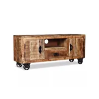 meuble télé buffet tv télévision design pratique bois de manguier brut 120 cm helloshop26 2502131