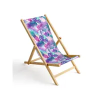 chaise longue pliable en bois fauteuil de plage pliant en hetre classique lit de plage palmiers magenta-turquoise 1 [119]