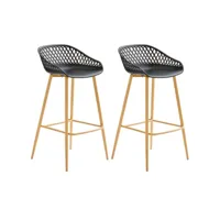 lot de 2 tabourets de bar irek chaise haute cuisine ou comptoir au design retro en plastique noir et métal décor chêne, assise 75 cm