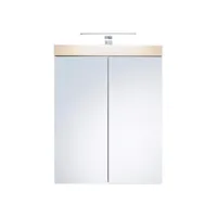 armoire de toilette murale mélaminé  avec luminaire led - 2 portes miroir - coloris blanc - bandeau chêne l - h - p : 60 - 77 - 17 cm