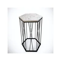table d'appoint hexagonale supellex bois marbre blanc et métal noir