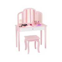 costway coiffeuse pour enfant avec miroir pliant, inclus de table de maquillage et tabouret,1 grand tiroir accessoire de maquillage,table de maquillage de filles style princesse (rose)