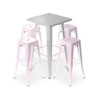 pack tabouret table & 4 tabourets de bar design industriel - métal - nouvelle edition - bistrot stylix rose pâle