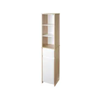 meuble colonne rangement salle de bain style cosy 3 niches tiroir placard avec étagère blanc aspect chêne clair