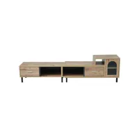 meuble tv extensible en imitation bois - 4 compartiments, 2 tiroirs, porte vitrée, longueur variable 200cm-278cm