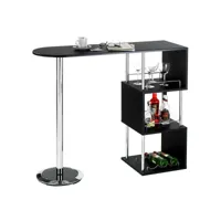 table haute de bar vigando mange-debout comptoir avec 3 étagères dont 1 porte-bouteilles, en métal chromé et plateau en mdf noir mat