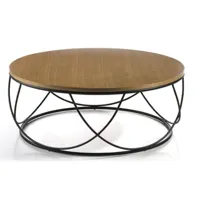 table basse ronde style industriel en bois écologique chêne clair et métal noir kalito 80 cm
