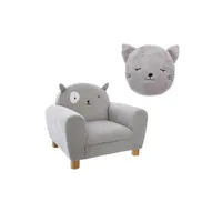 pack : fauteuil enfant chat gris + coussin rond chat gris 158802b-158725b