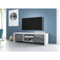 meuble banc tv - 140 cm - blanc mat / gris brillant - style moderne manhattan