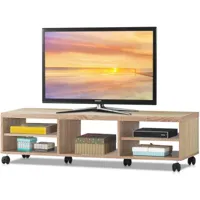 giantex meuble tv moderne avec roues verrouillables téléviseur jusqu'à 140 cm (55''), étagères de rangement ouverts pour tv, chêne