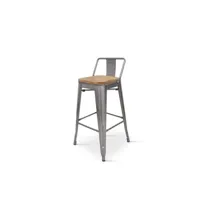 kosmi - chaise de bar, tabouret haut style industriel avec petit dossier en métal brut aspect galvanisé et assise en bois naturel clair