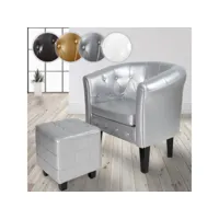 miadomodo® fauteuil chesterfield avec repose-pied - en simili cuir, avec éléments décoratifs touffetés, argenté - chaise, cabriolet, tabouret pouf, meuble de salon