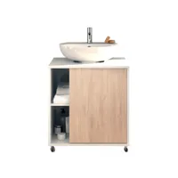 meuble sous lavabo 1 porte coloris blanc brillant / effet bois - hauteur 64 x longueur 59 x profondeur 45 cm