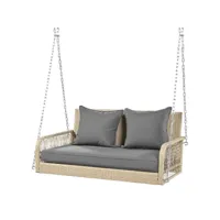 fauteuil suspendu en résine tressée - balancelle de jardin - 2 places - avec coussins - beige & gris