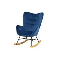 fauteuil à bascule scandinave velours bleu pieds en bois clair