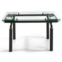table à manger design extensible verre transparent et pieds métal noir stramo 140 à 200 cm