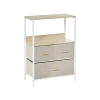 meuble de rangement commode 3 tiroirs étagère plateau acier blanc mdf bois clair non tissé gris clair